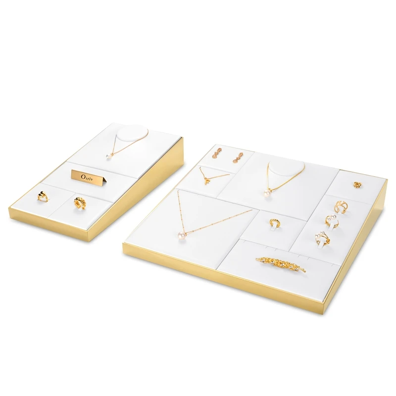 Oirlv White Jewelry Store Display Tray PU Leather Ring Earring Necklace Display Set White Jewelry Displays Jewelry Display Table