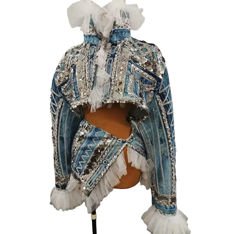 Faux Denim Pailletten Kurze Jacke Mini Rock Outfit Sexy Bühne Tragen DJ Sänger Bar Nachtclub Jazz Dance Kostüm Party Show Kleidung