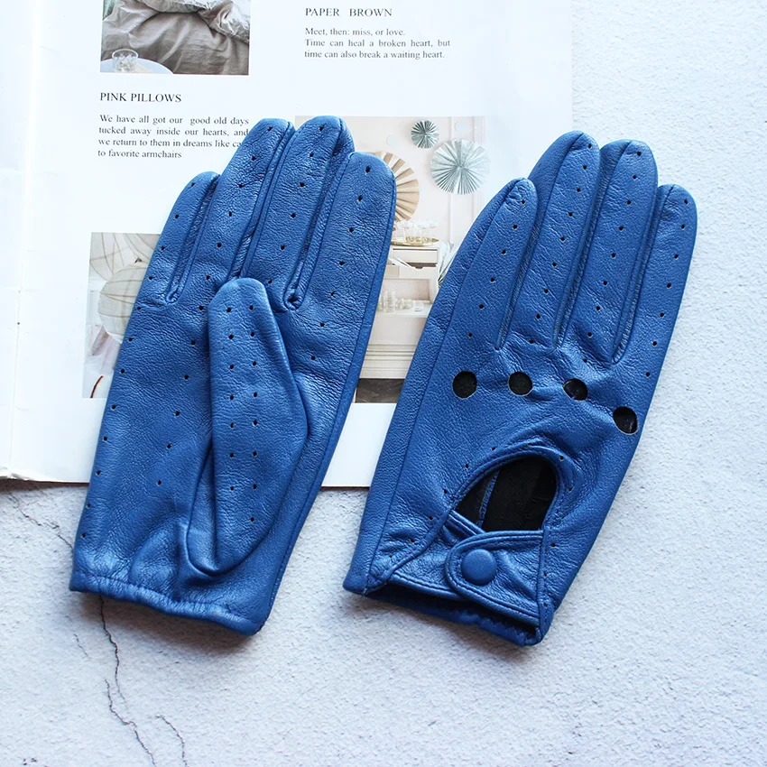 Guantes de cuero para conducir para mujer, piel de oveja fina, sin forro, ahuecados a la moda, todos los dedos, guantes para montar en motocicleta,