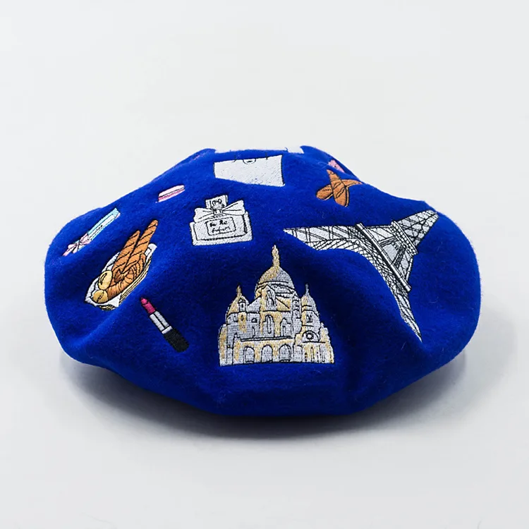 

X346 Fashion Embroidered Wool Beret Cap Adult Painter Hats Ladies Embroidered Wool Hats Fashion Warm Knitting Beani Cap