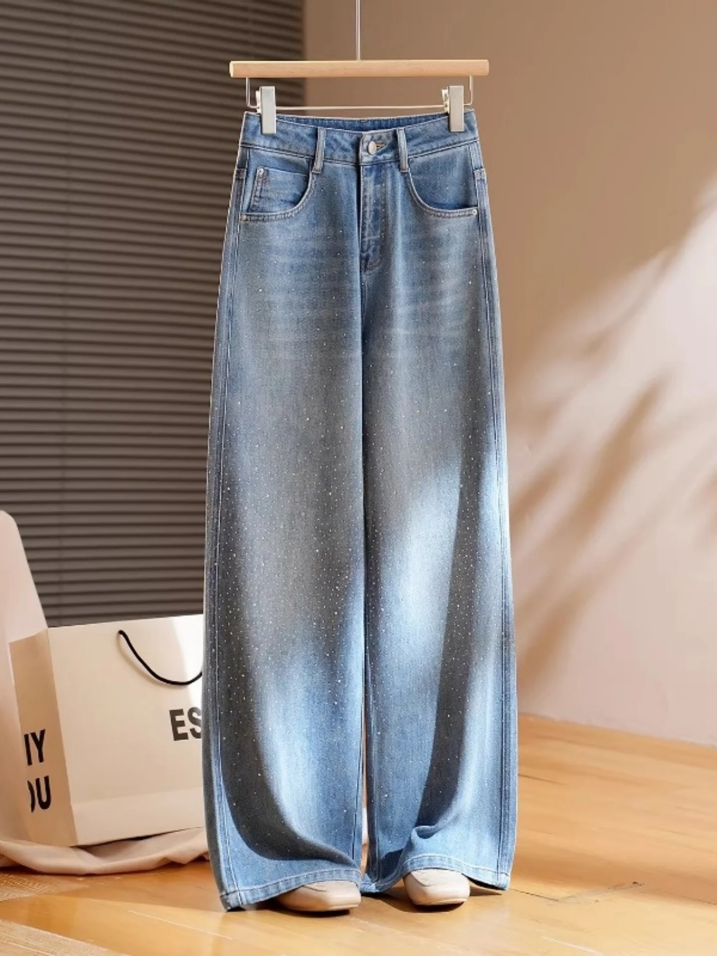 

Stylish Vintage Starry Denim Jeans Women's High Waist Wide Leg Straight Cut Diamond Embellished Casual Cotton Pants