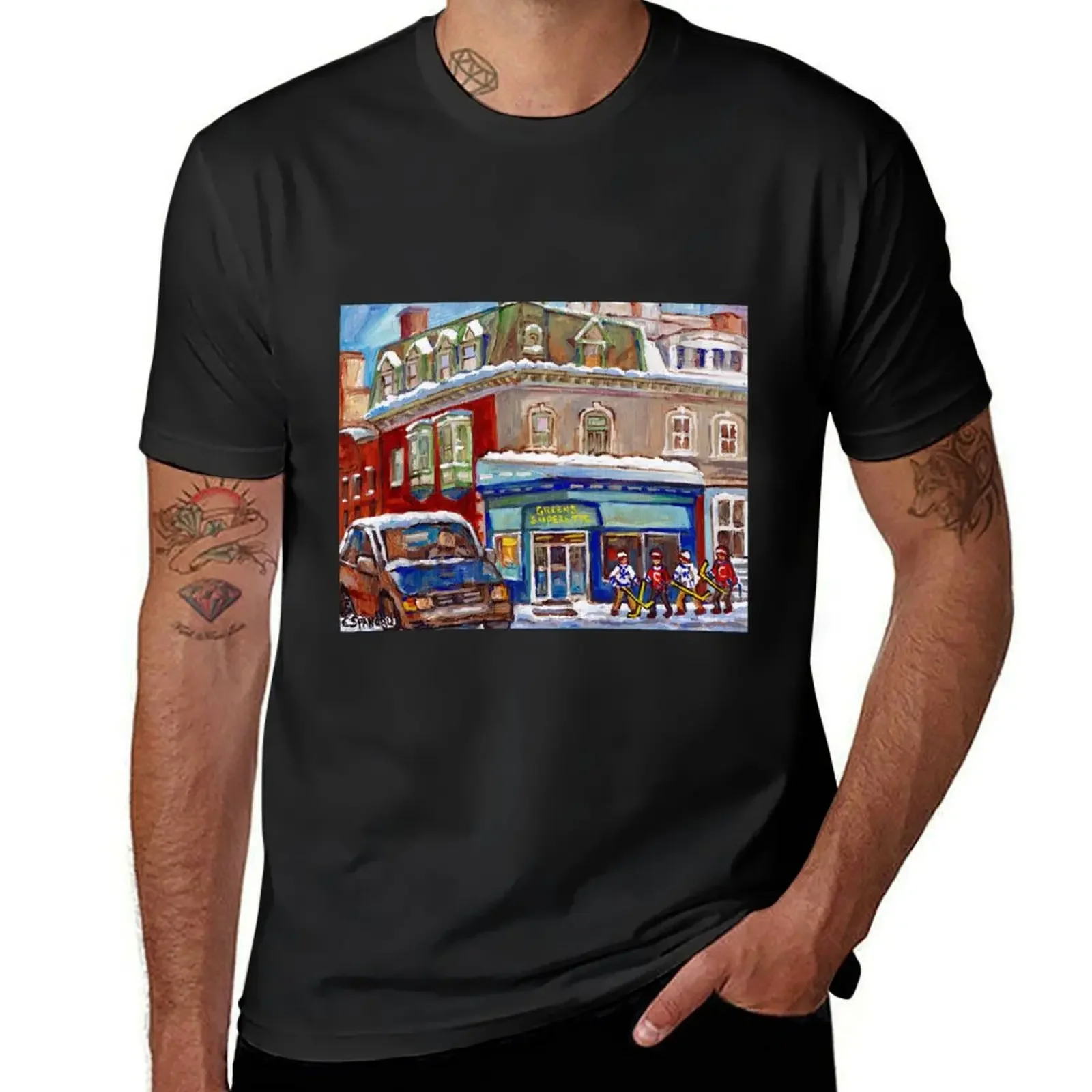 WINTER STREETS MONTREAL ART CANADIAN HOCKEY SCENES C SPANDAU QUEBEC CORNER STORE MCGILL GHETTO T-shirt tees tshirts for men