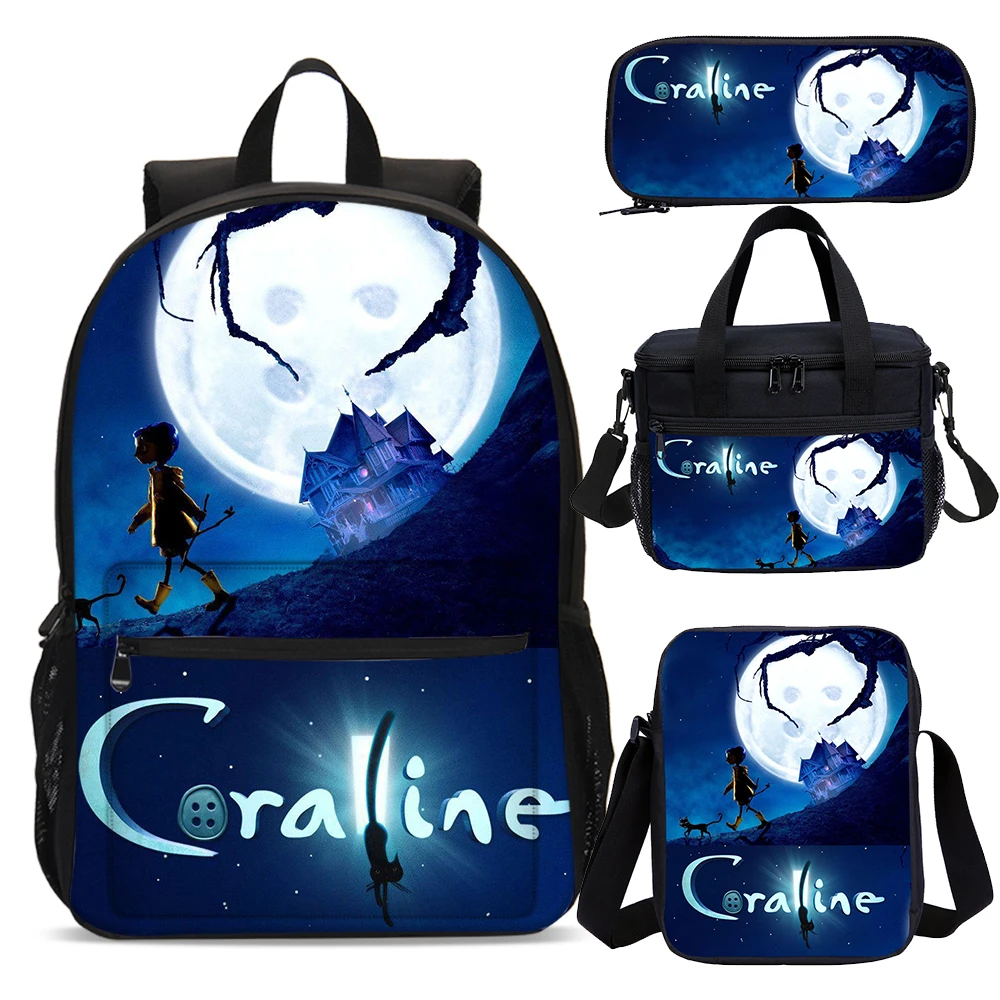 Coraline Children School Bag 4 PCS Set With Satchel Cartoon Student Back pack Anime Print Teenager Casual Backpack