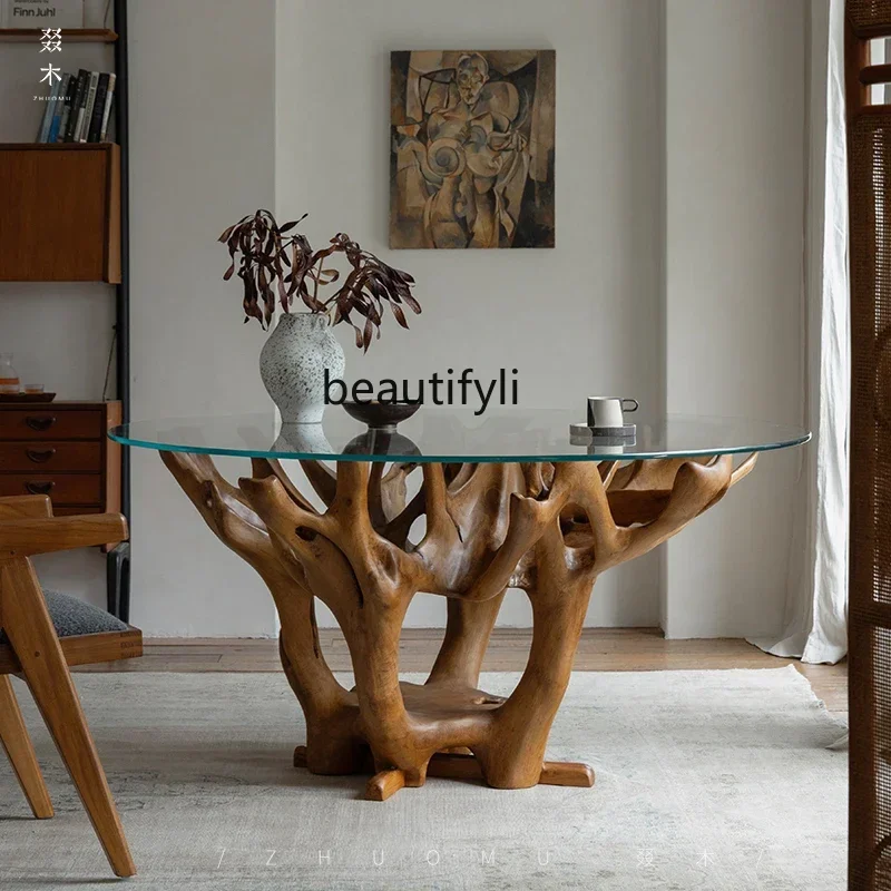 NQ52 Great discounts Teak root carving creative shape solid wood designer B & B hotel glass round dining table