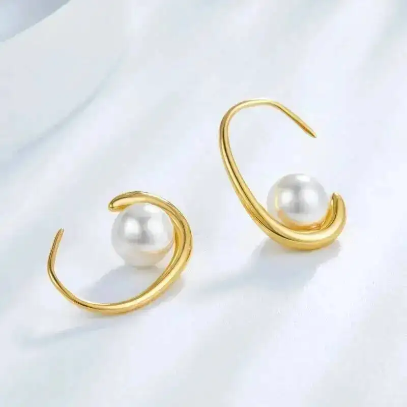 CLEARANCE 925 Sterling Silver Gold Plated Shell Pearl Hoop Earrings Geometric Semi Circle French Style Simple Earring