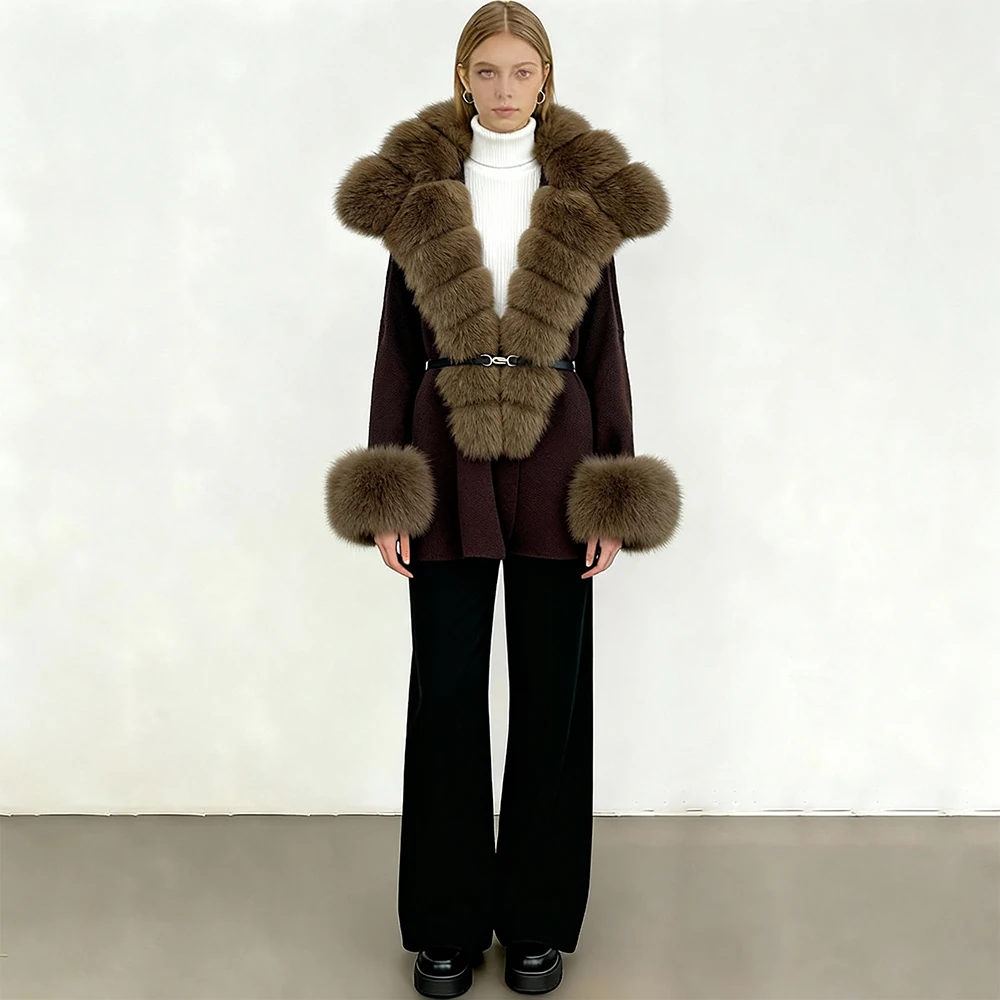 

Женская зимняя шуба из натурального меха, вязаная куртка из натурального меха лисы, женский свитер оверсайз, вязаная куртка с мехом