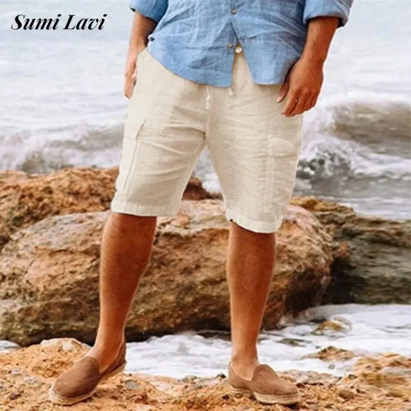 Seaside Beach Mens Casual Shorts 2025 Spring Summer Cotton Loose Breathable Shorts Men Leisure Patch Pockets Solid Color Shorts