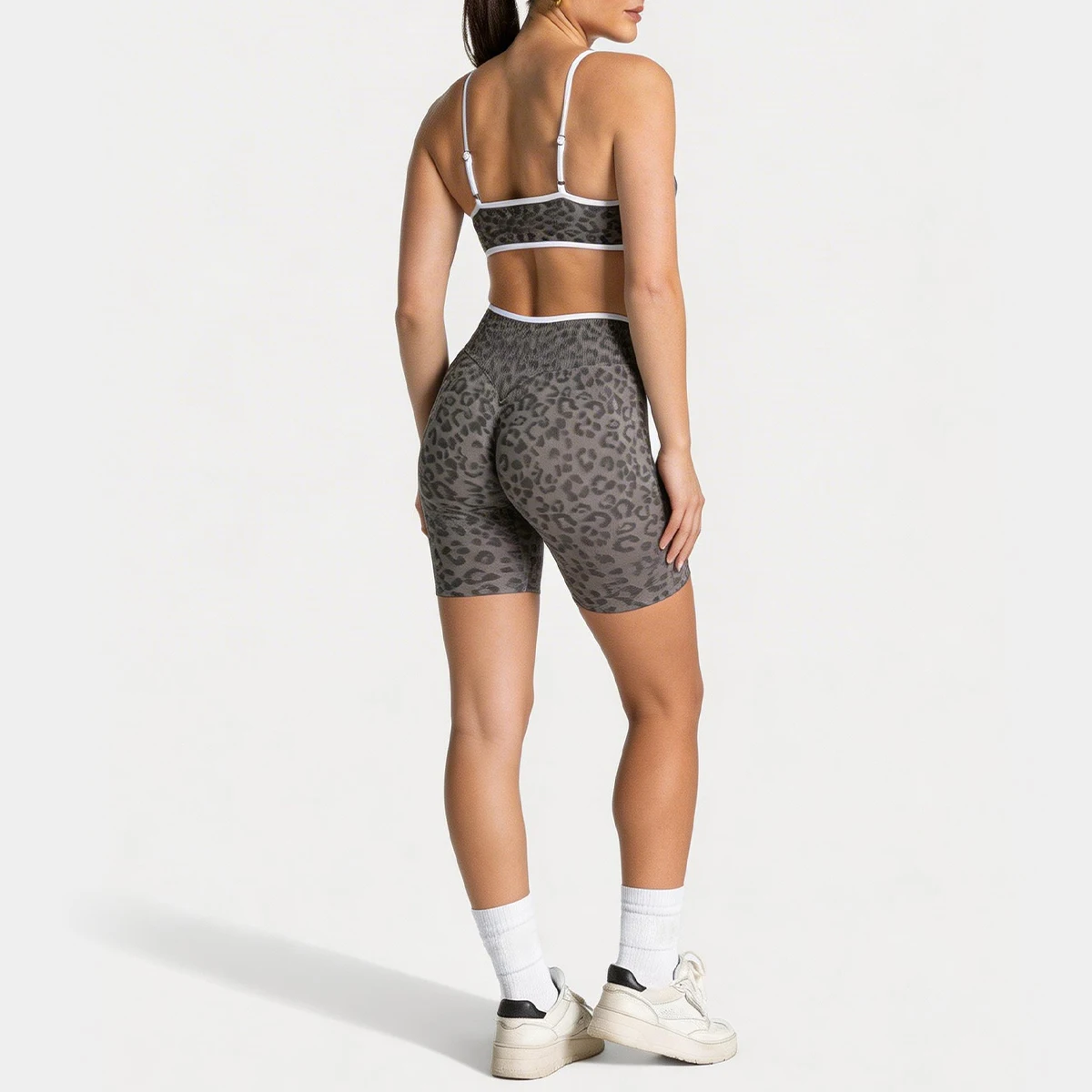 Women Leopard Print 2 Piece Yoga Set High Waist Butt Lift Biker Shorts Adjustable Strap Sports Bra Gym Workout Activewear image 6