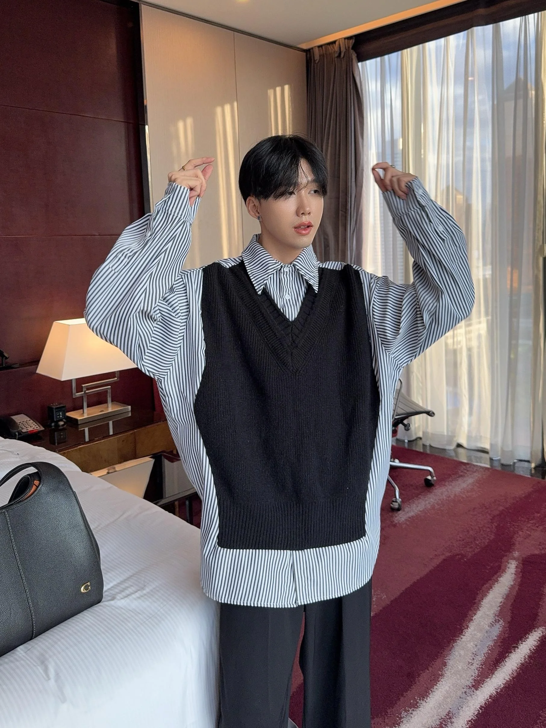 

Loose Long Sve Striped irt Collar Pullover Knitwear for Men Casual Winter Faion Polyester Fiber Korean Sle Youth Clo...