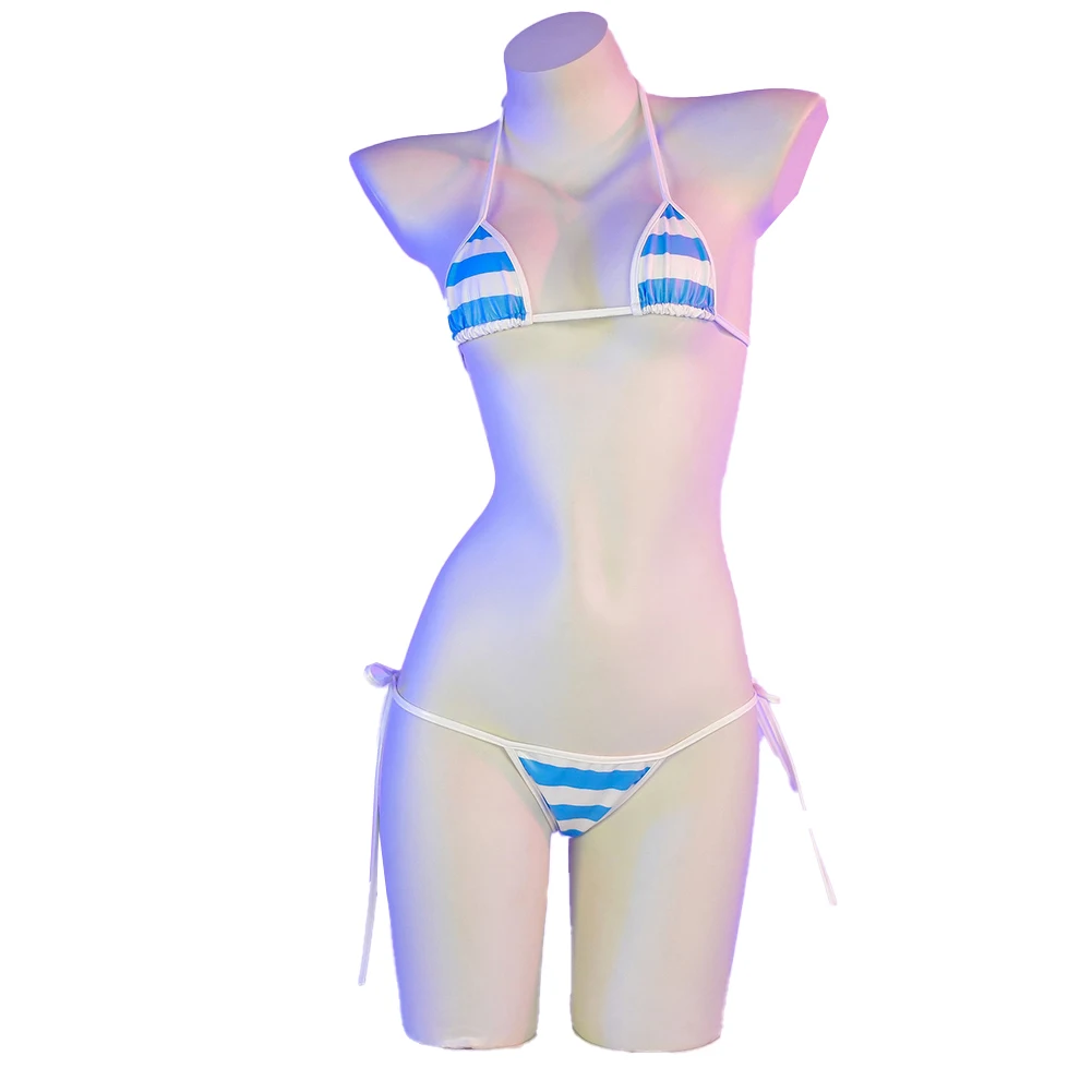 بكيني نسائي مثير من الجلد اللامع ، طقم ملابس داخلية برباط مطبوع مخطط