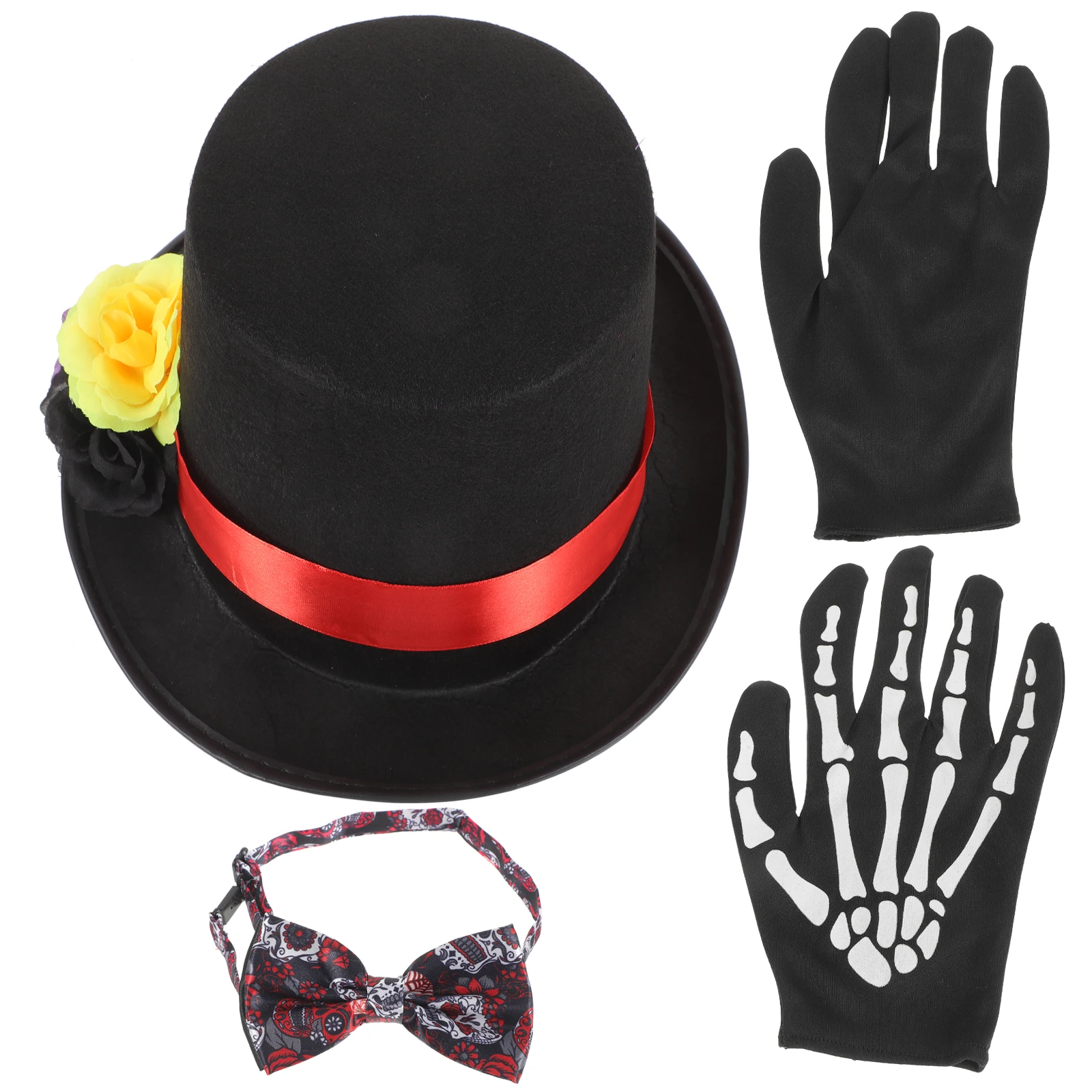 

1 Set Halloween Skull Flowers Hat Costume Set Cape Gloves Bow Tie Decor Party Cosplay Accessories Foldable Roleplay Pretend Play