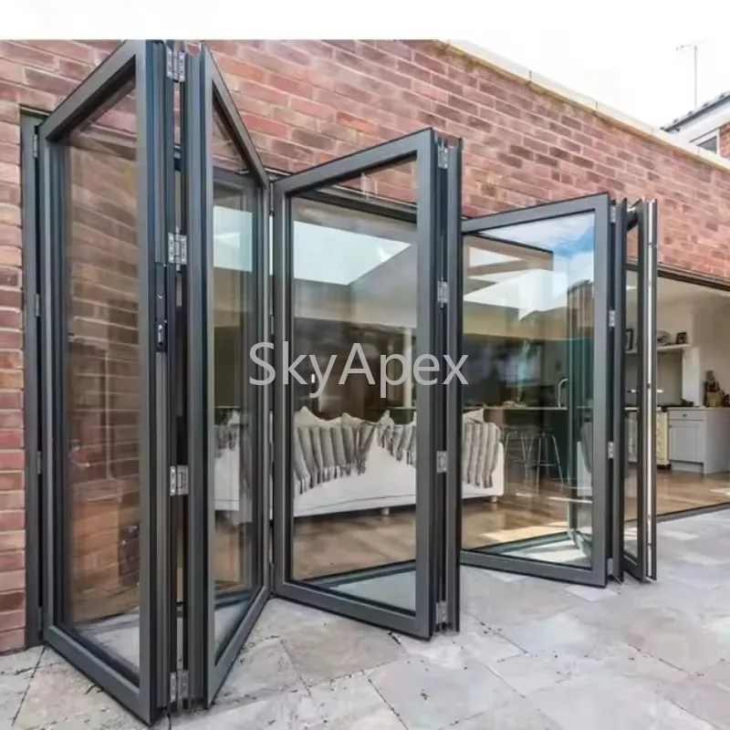 Modern Exterior Space Saving Waterproof Large Ventilation Glass Folding Aluminum Alloy Bi-fold Doors for Apartment Villa Outdoor