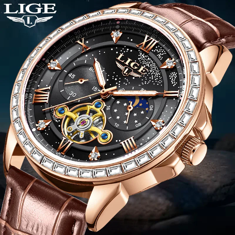 

LIGE Fashion Retro Men's Mechanical Wristwatches Casual Business Watch Men Leather Waterproof Tourbillon Automatic Watch For Men