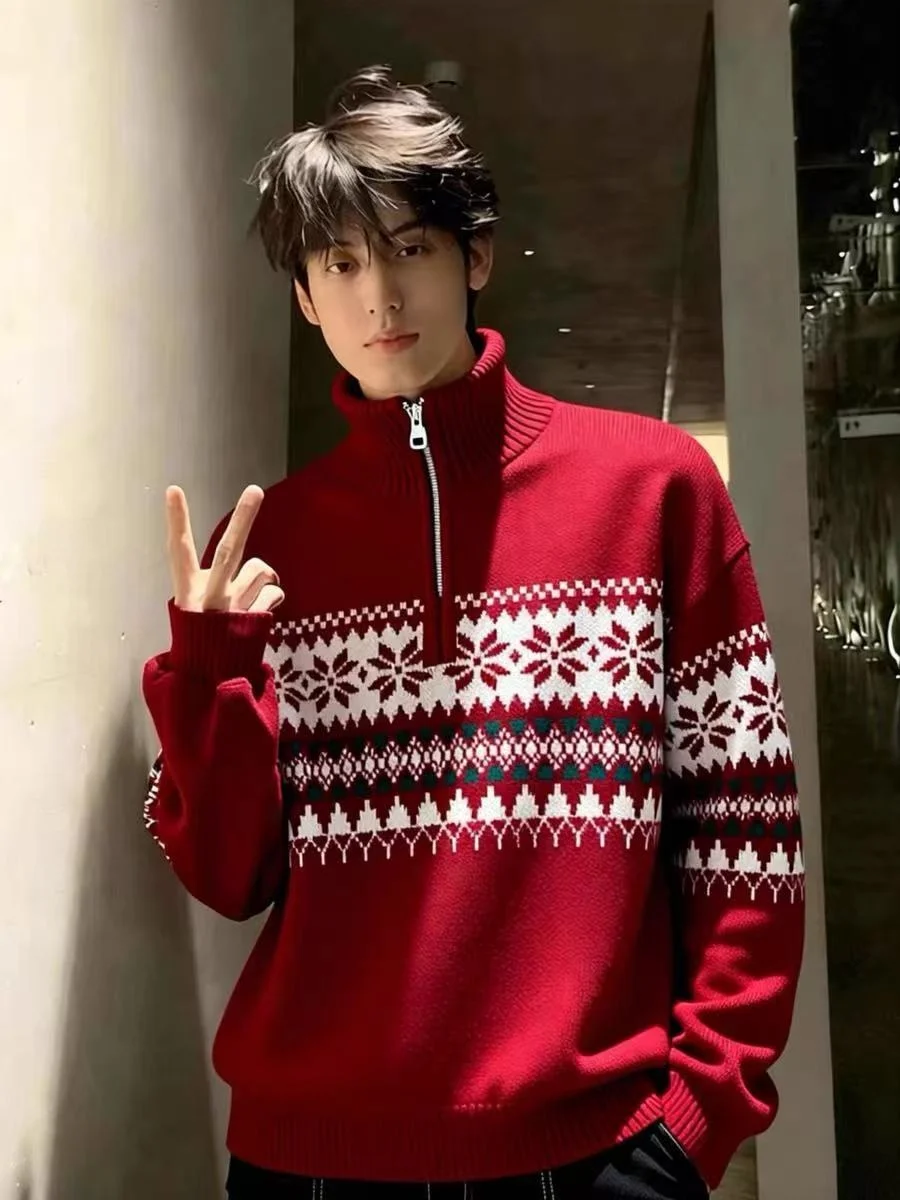 

Красный вязаный свитер с высоким воротником и узором Fair Isle на молнии для мужчин и женщин, осень-зима, Год Китайского зодиака