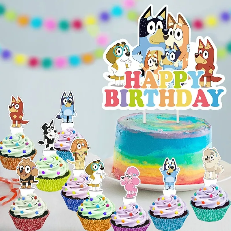 25Pcs/Set Bluey Theme Cake Decoration Cartoon Bingo Cupcake Top Happy Birthday for Kids Birthday Party Cake Dessert Decorations