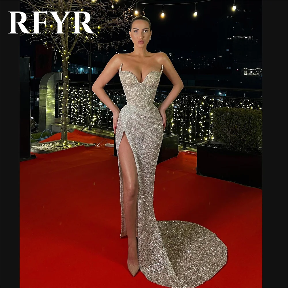 RFYR Sexy Sequins Evening Dress Sexy Side High Split Sweetheart Prom Dress Sweep Train Red Carpet Long Dress for Special Day