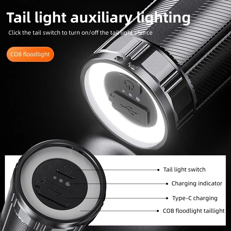 SUPERFIRE Y2 High Power Flashlight Super Bright with Tail Light 1000m Zoomable Torch USB C Rechargeable 6000mAh Battery Lantern