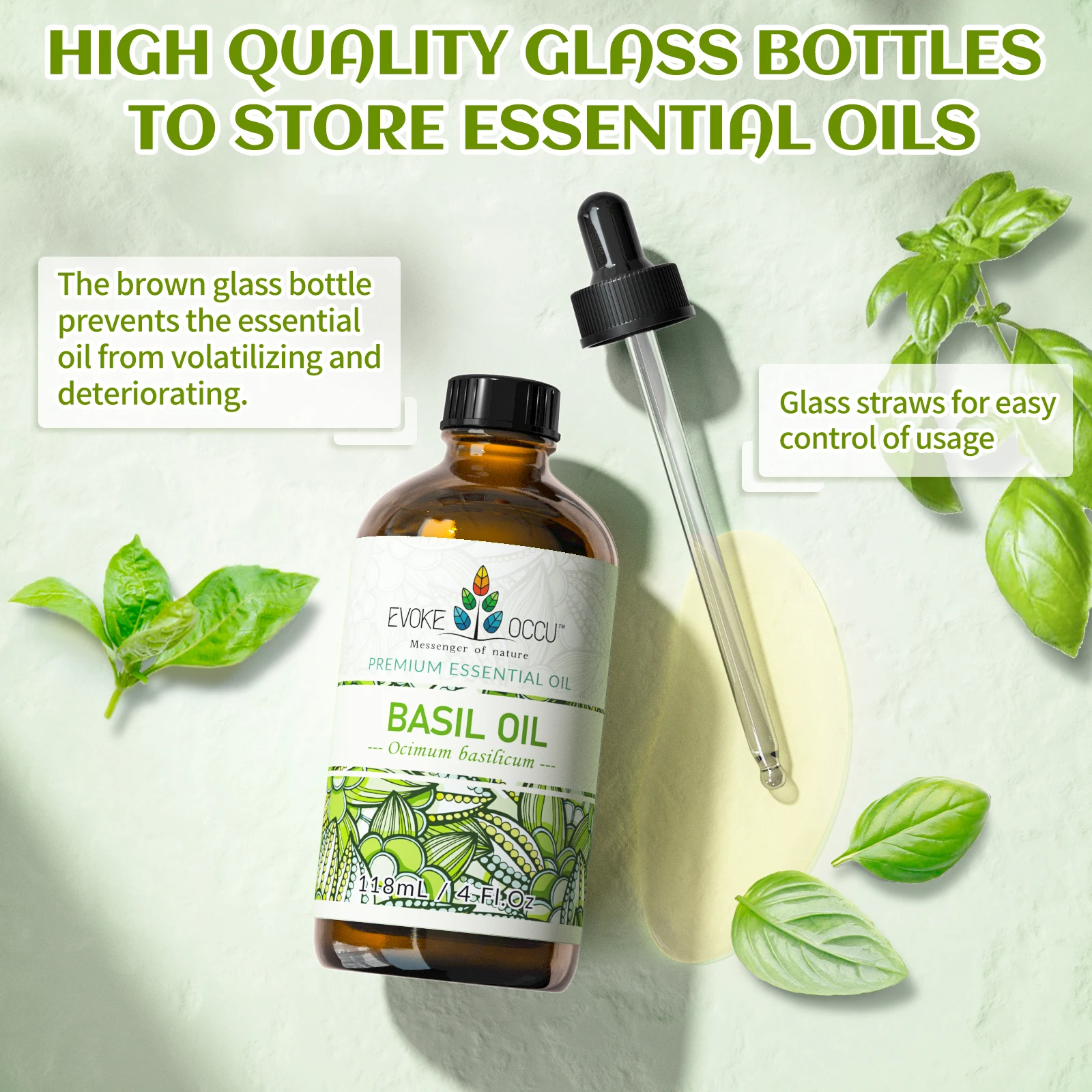 EVOKE OCCU Basil Essential Oils, 118ML/4 Fl.Oz. Premium Plant Oil for Diffuser, Candle Soap Making, Skin, Hair, Massage, Energy,