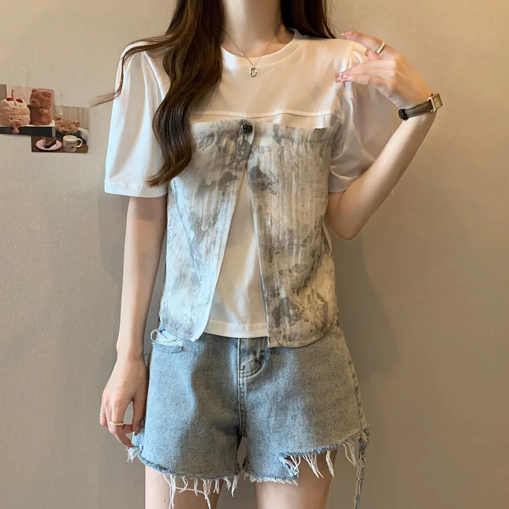 2024 New Tie Dyed Spliced T-shirt For Women Casual O-neck Short Sleeve Tops Fashion Fake Two Piece Patchwork Tees Women's Summer