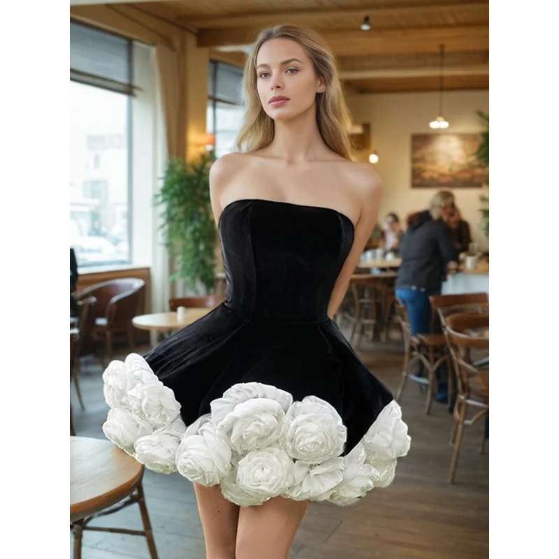 

Vietnamese Style Sexy Dress 2025 Summer New Arrival Velvet Strapless Stereo White Rose Petites Puffy Party Prom Dress
