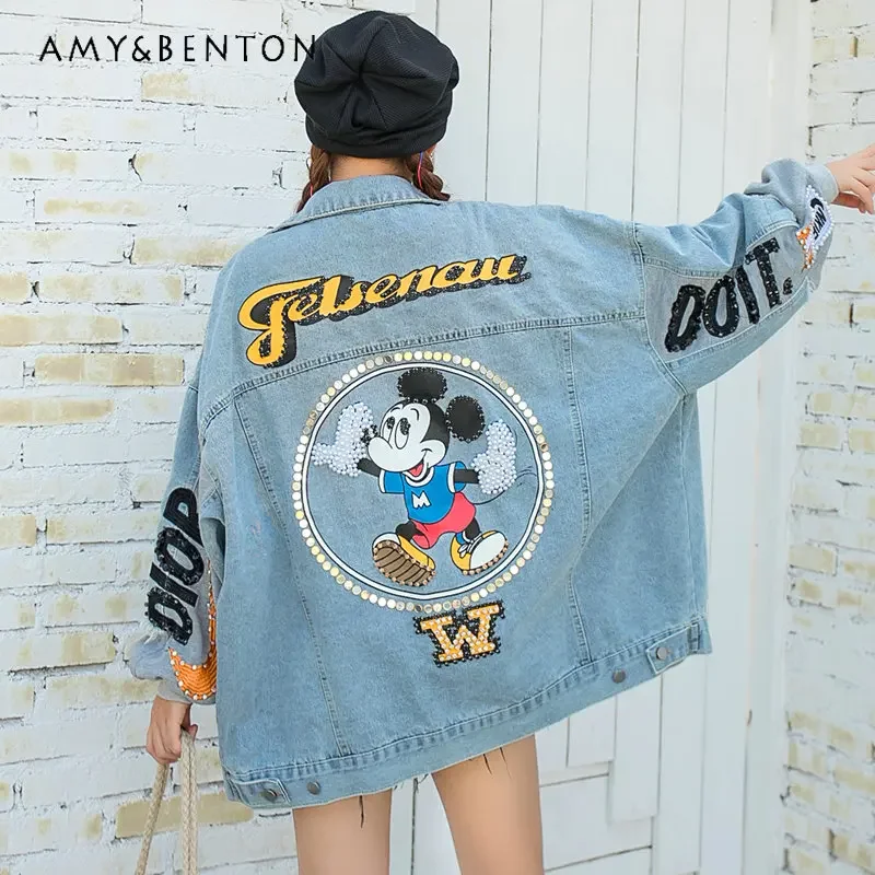 

Fashion Heavy Industry Beads Cartoon Denim Jacket For Women Sequins Denim Jacket Female BF Style Loose Casual Coats