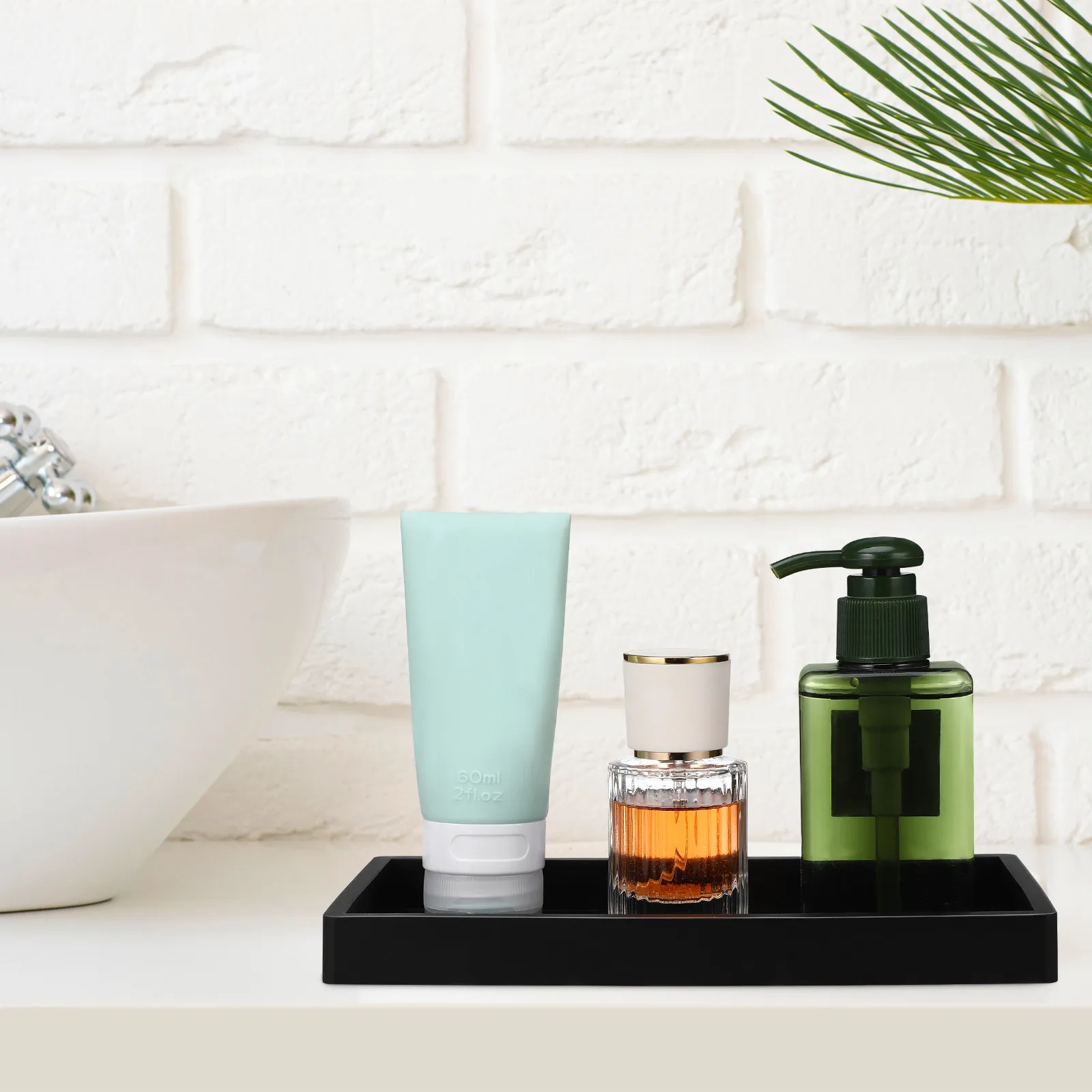 

Black Rectangular Silicone Bathroom Vanity Tray Space Saving Countertop Toiletries Holder Towel Soap Perfume Jewelry