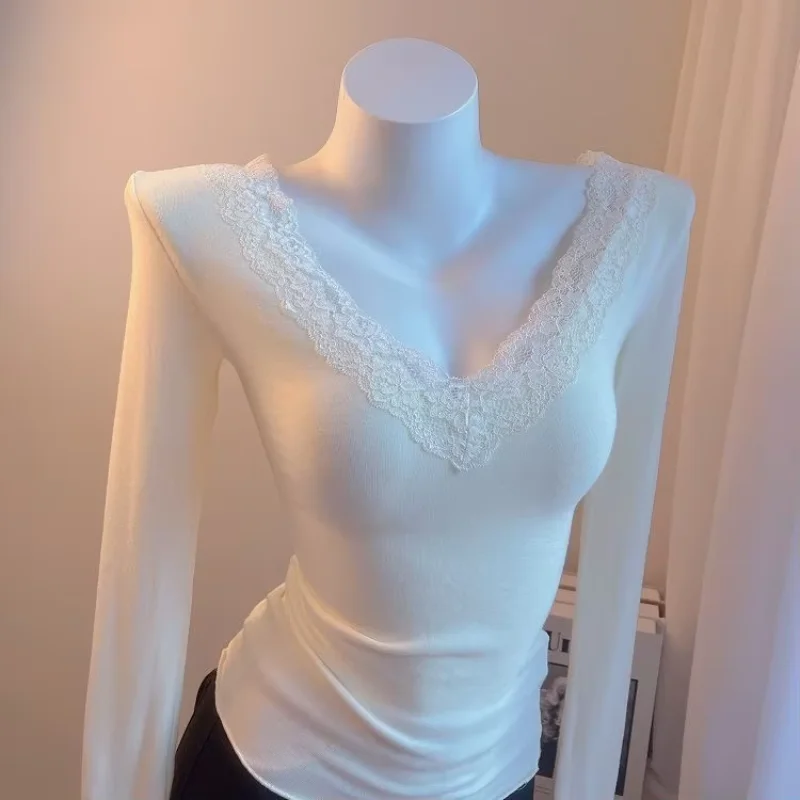 Elegant V Neck Lace Flower Top Female Knit All-match Simple Office Lady Slim T-shirt Minority Pure Desire Sexy Camisetas