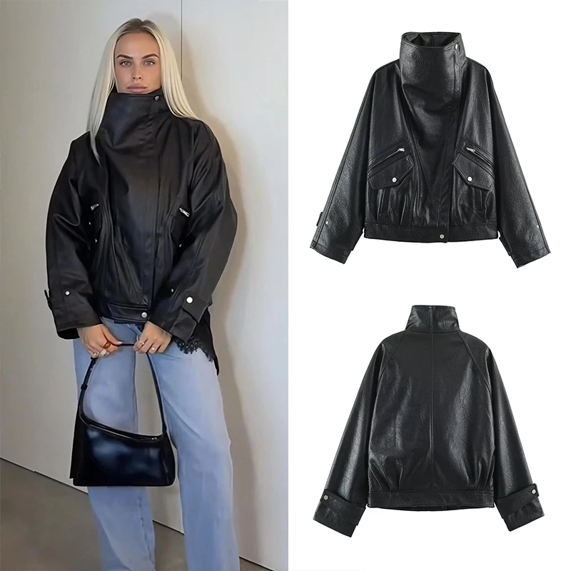 Guobioziy Women's Slim Fit Faux Leather Jacket 2026 Spring-Autumn Edition French Casual Fashion Trendy Biker Punk High Street