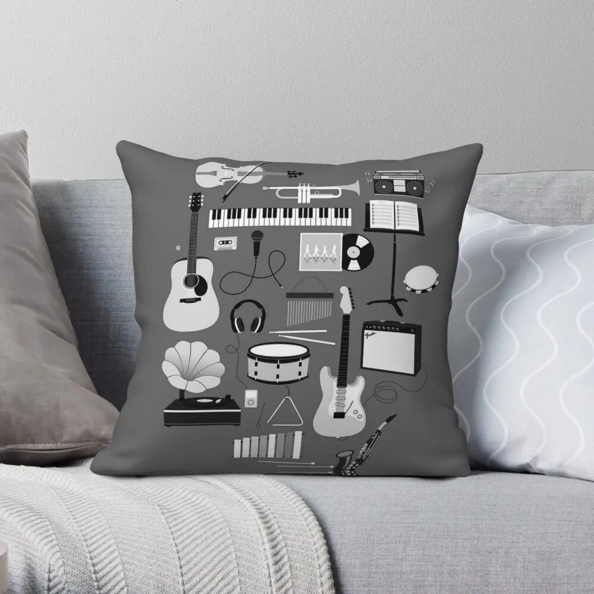 Music Instrument Saxophone Piano Square Pillowcase Polyester Linen Velvet Printed Zip Throw Pillow Case Room Cushion Cover 18