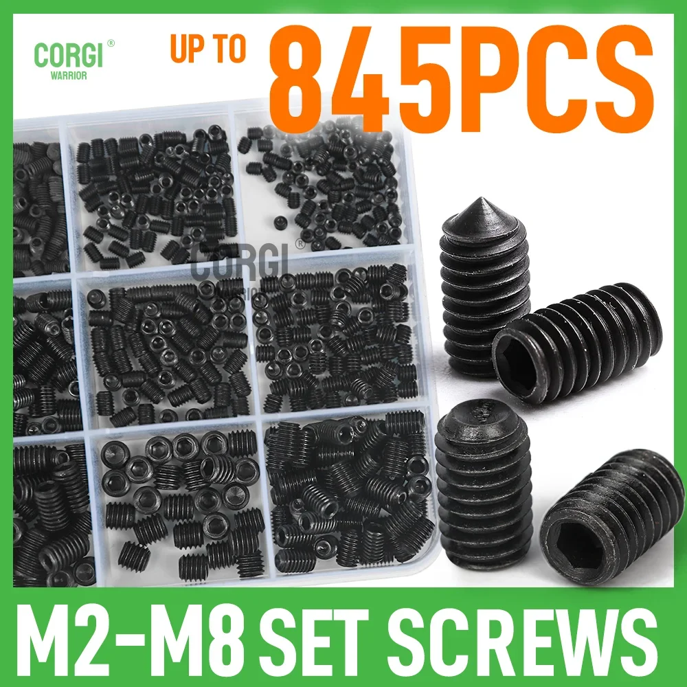 Grub Set Screws Assortment Kit Up to 845 M2 M2.5 M3 M4 M5 M6 M8 Cup-Point Cone Point Black 12.9 Class Alloy Steel with Wrenches