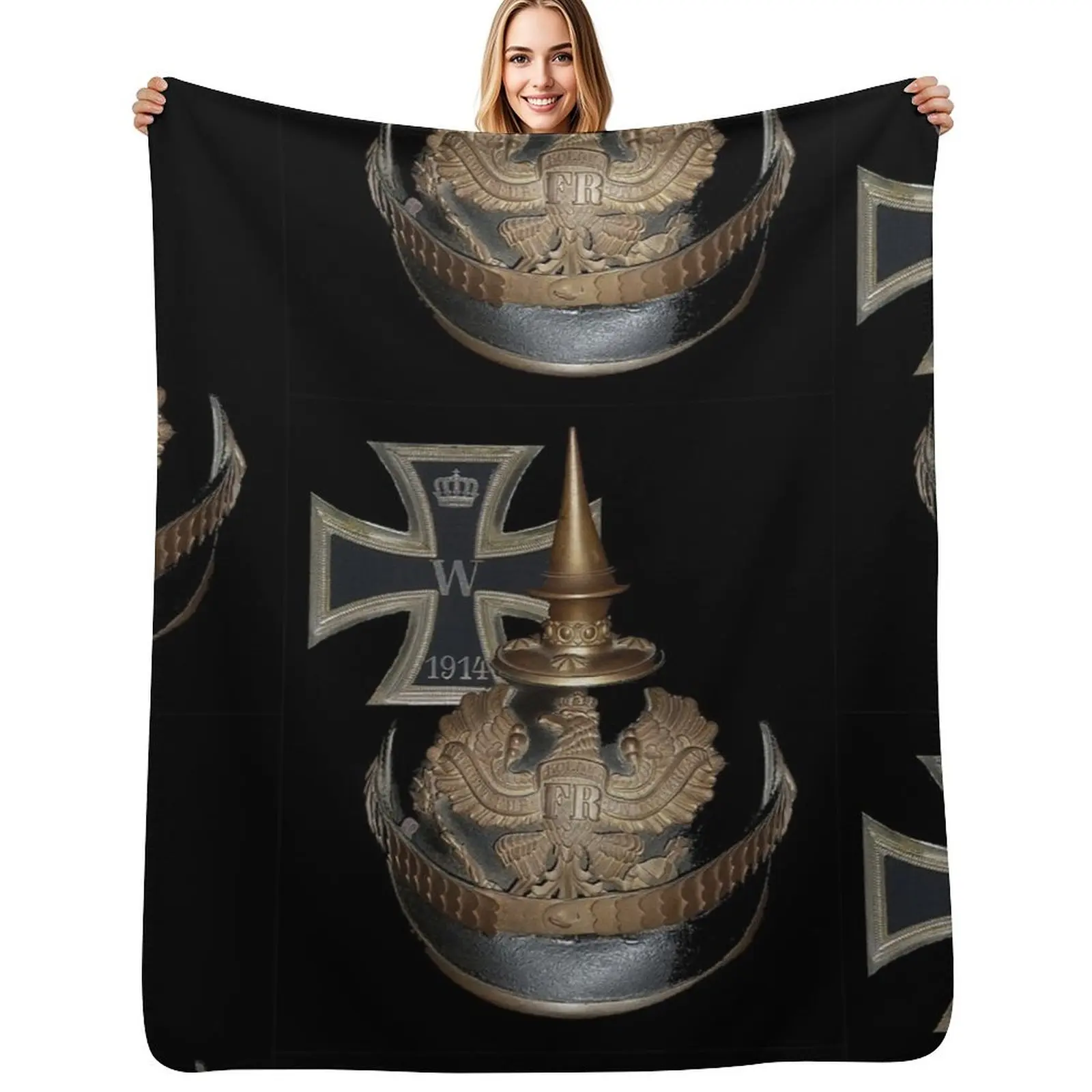 

German WWI Icons.. 1914 Iron Cross and Helmet Throw Blanket Outdoor Soft Blanket for Picnic Beach Camping