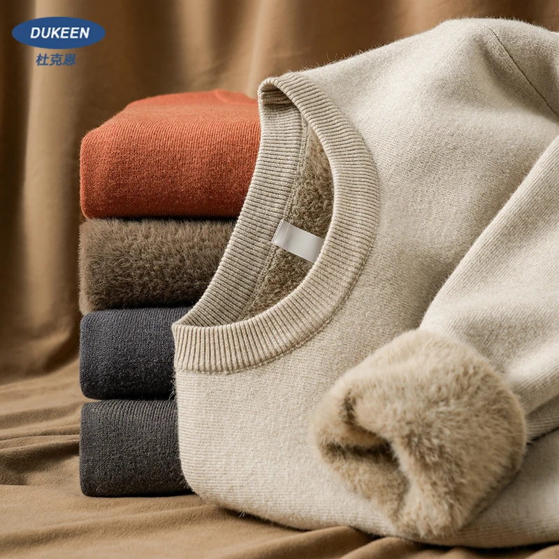 

DUKEEN Fleece Woolen Men's Sweater 2025 Autumn and Winter Solid Color Thick Dralon Self-Heating Crew-Neck Man Undershirts