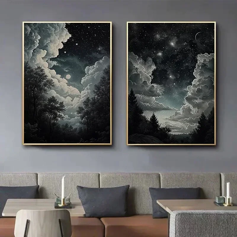 Starry Velaris Village Skyline Fantasy Canvas Painting Celestial Night Moon Star Wall Art Poster Print for Room Home Decor
