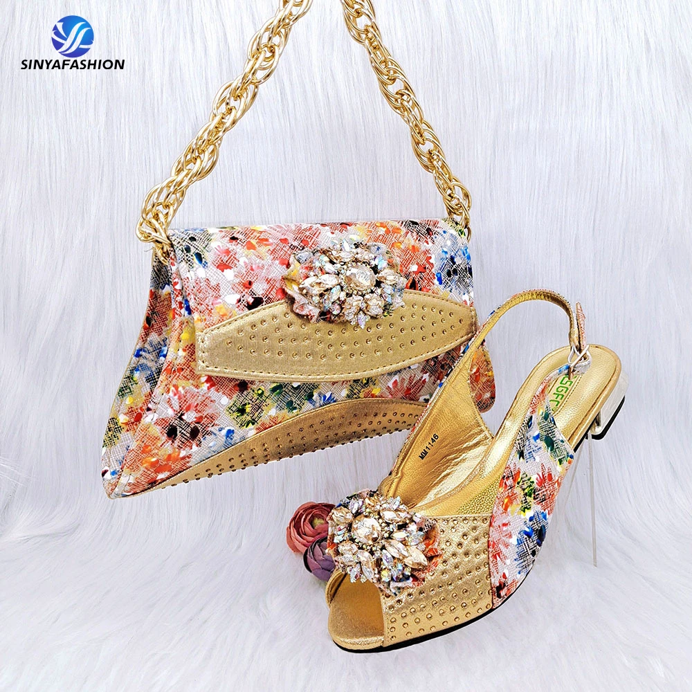 Sinya New Style Women Party Italian Shoes Bag Set Beautiful Pu Shoes Matching Bag Set con pietre