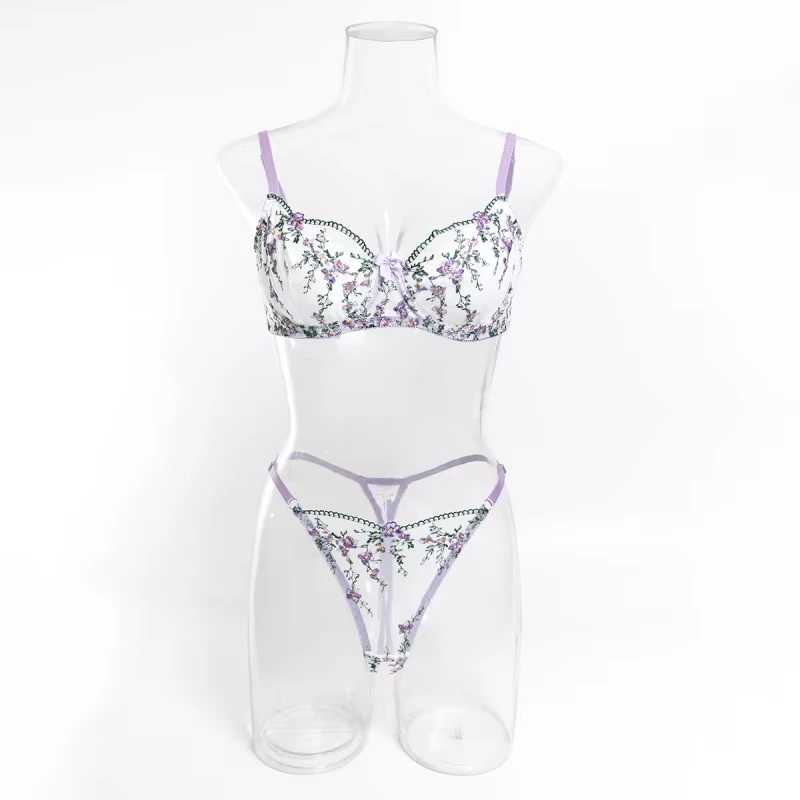 Bikini bra with high-end elegance, floral embroidery, sexy sheer swimsuit lingerie set