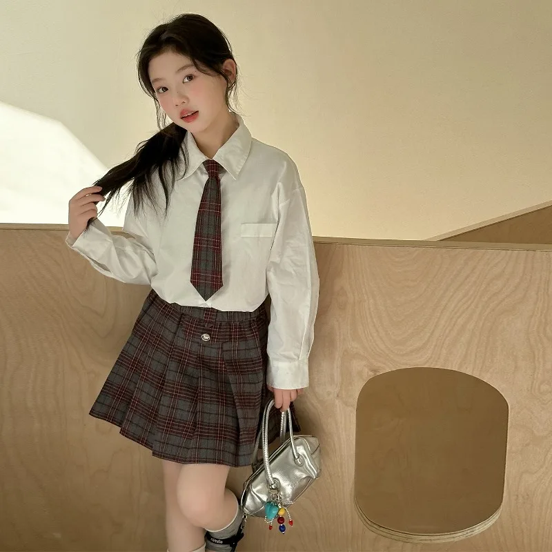 

Performance Costume School Uniform Girls Spring Summer White Shirt with Tie and High Waist A Line Plaid Skirt Children Clothes