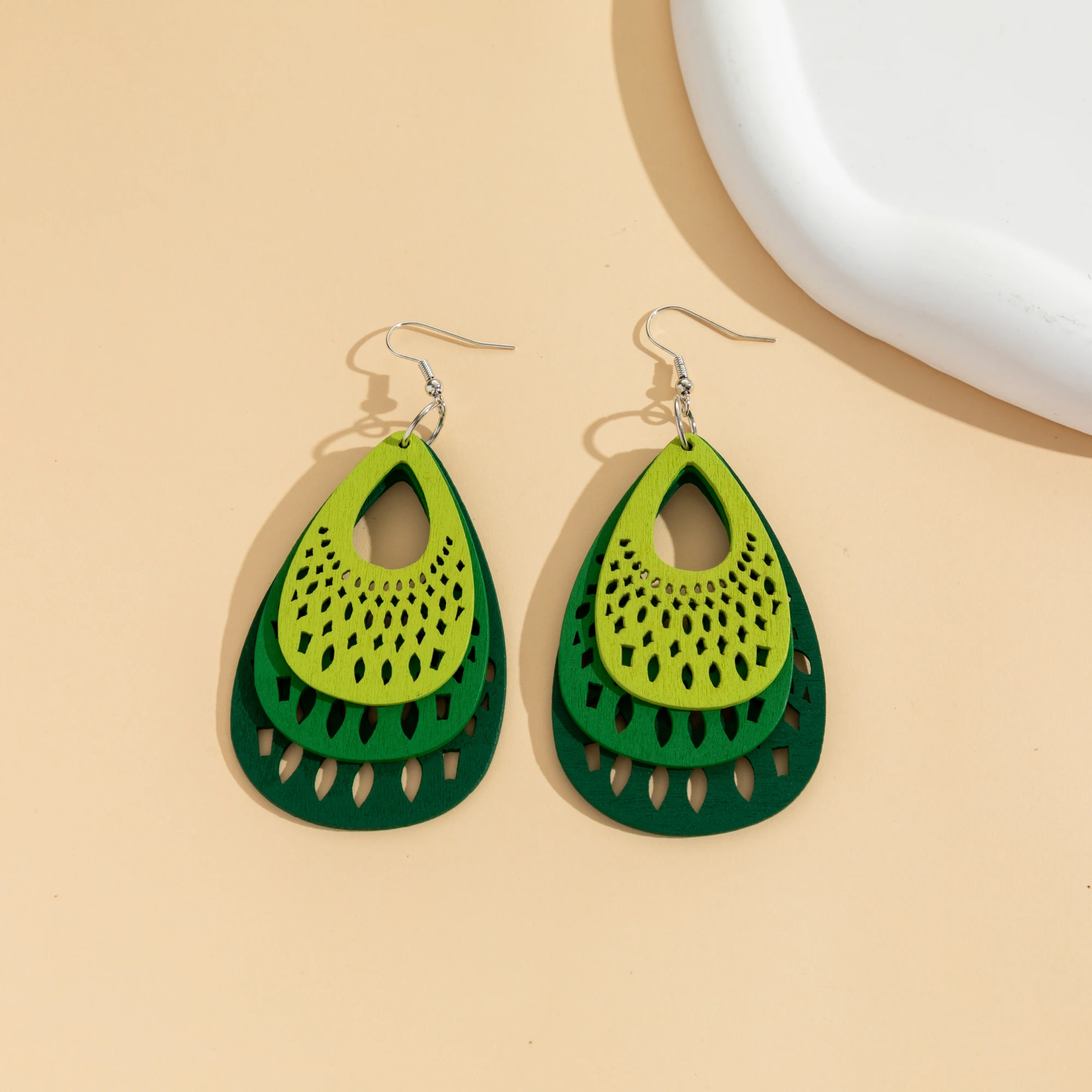 8PCS hollow wooden earrings special beautiful staggered gradient color large water drop peacock color