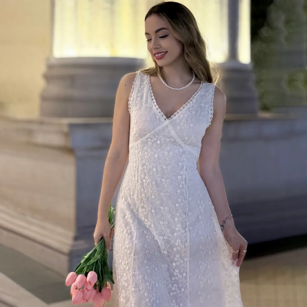 Elegante abito lungo senza maniche in pizzo donna estate telai scollo a V canotta vestito estivo donna femminile vestiti 2025 stile coreano