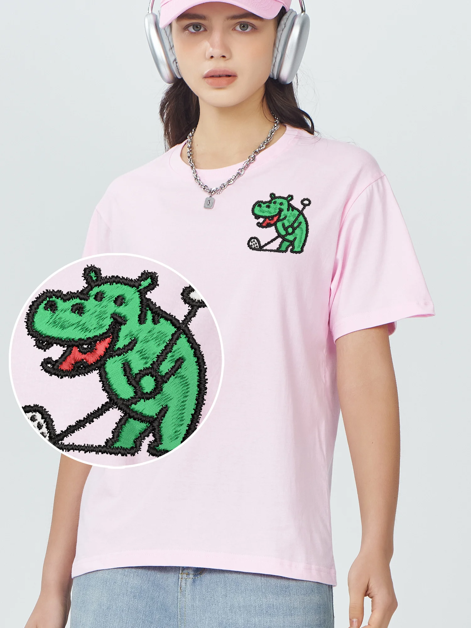 Hippopotamus Playing Golf Embroidered Cotton Tshirt Funny Men Cotton Comfort High Quality Embroidery Camiseta Unisex Oversized