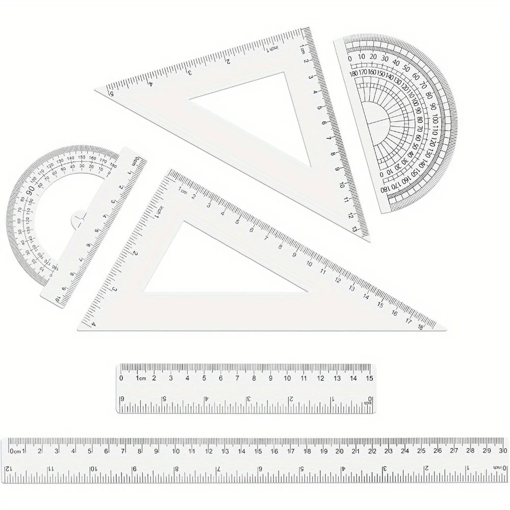 6-Piece Geometry Tools – Clear Plastic, Dual Measurements, Rulers, Protractor, Triangles