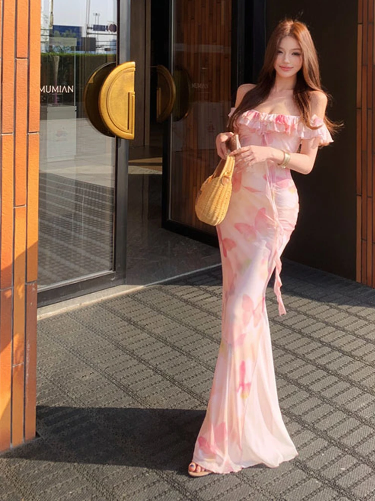 

Sexy Print One oulder Long Dr with Pleated Skirt And Fi Tail Design Pure Desire Bodycon Dr for Holiday