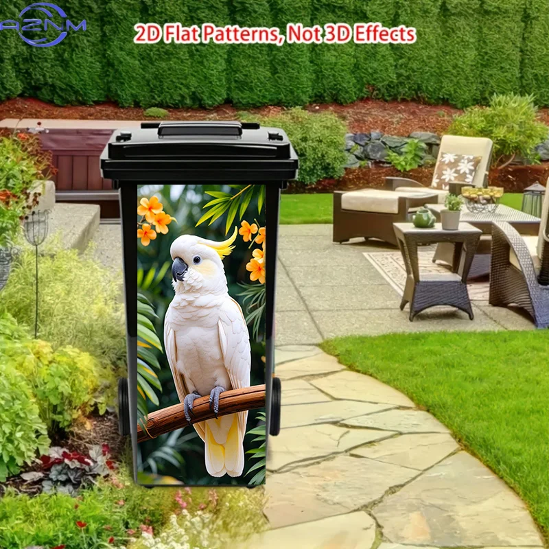 [2D Flat Printing] /Trash Can Sticker, White Cockatoo Perch Theme Design. This Matte Surface Sticker Is Suitable for Indoor An