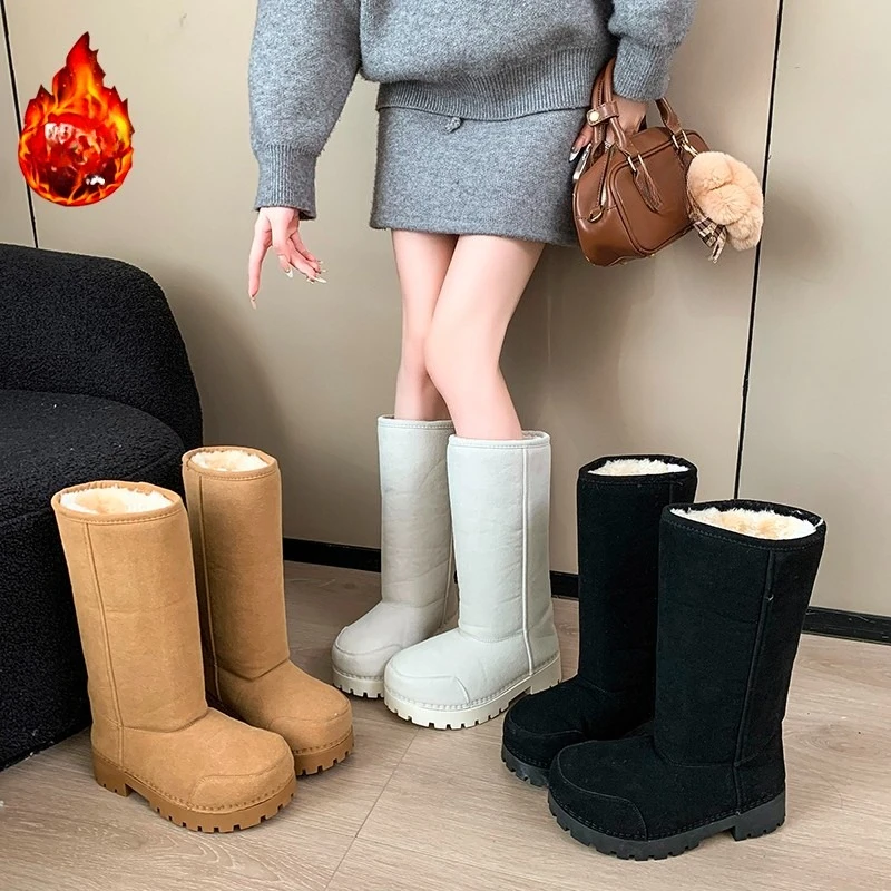

Wide Cycle Snow Boots Winter New Round Toe Suede Plush Warm Platform Block Heel Tall Boots