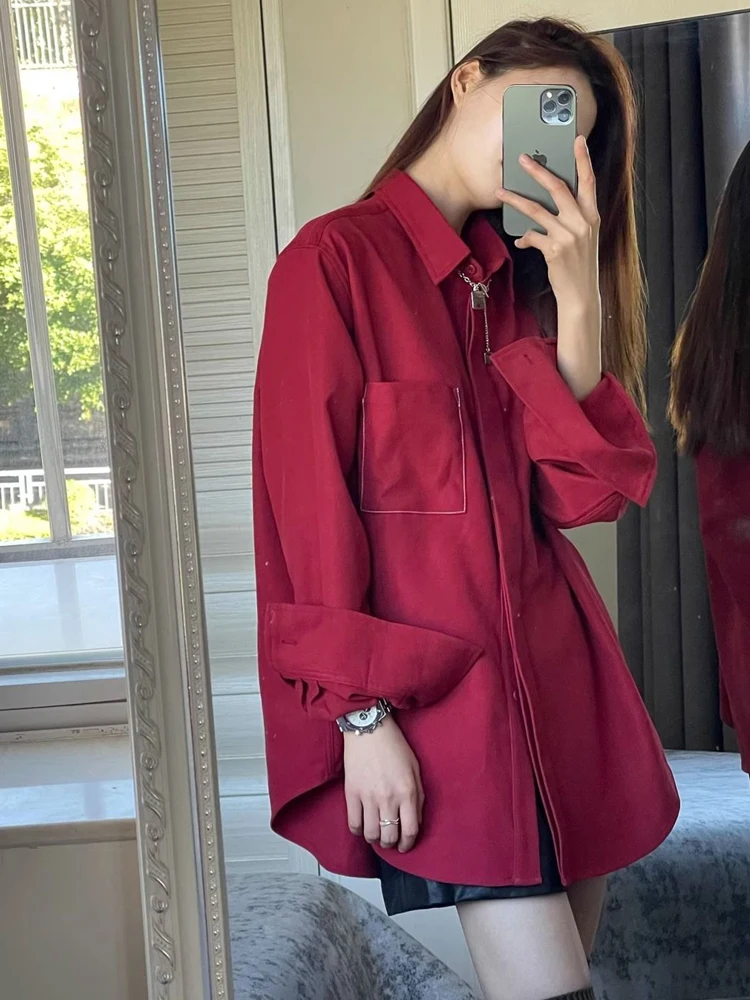 

2025 Autumn Oversize Women Long Shirt Streetwear Button Up Pocket Red Blouse Minimalist Full Sleeve Turn-Down Collar Cardigan