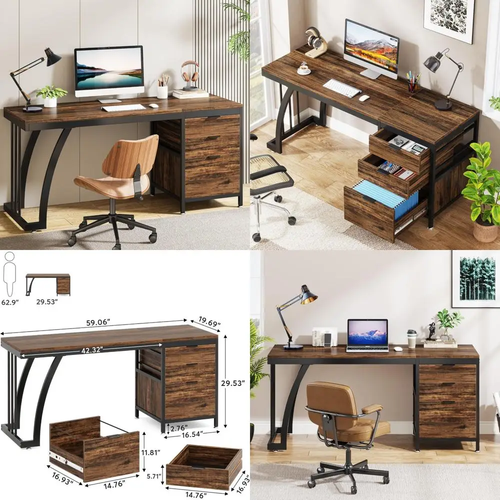 59-Inch Tribesigns Industrial Study Writing Desk with 3 Reversible Drawers for PC Workstation