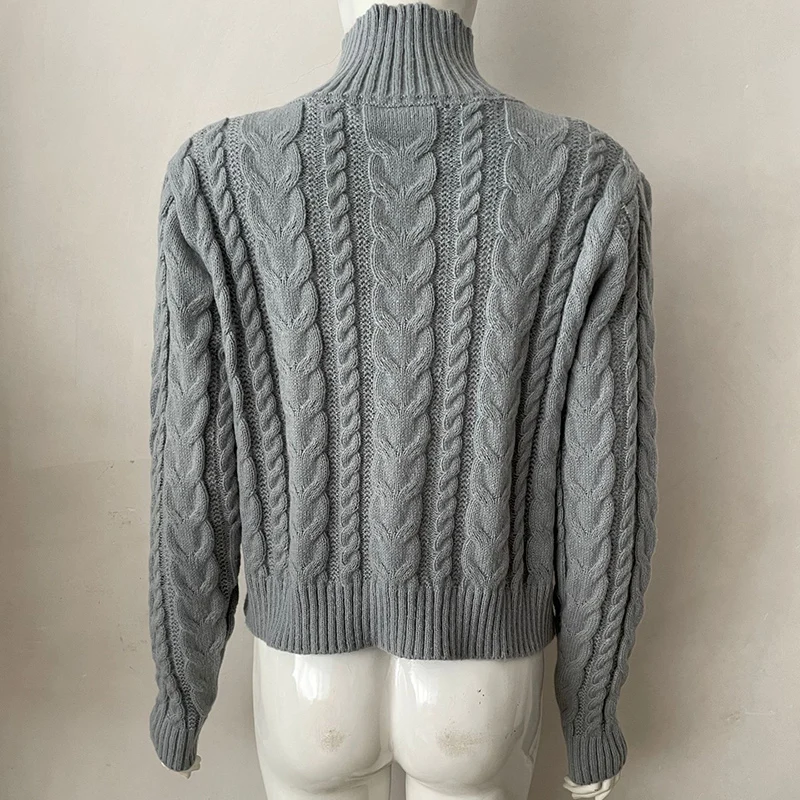 Stand Collar Twist Knitted Cardigan Women Korean Zip Up Long Sleeve Cropped Cardigans Woman Solid Color Slim Fit Sweater Coat