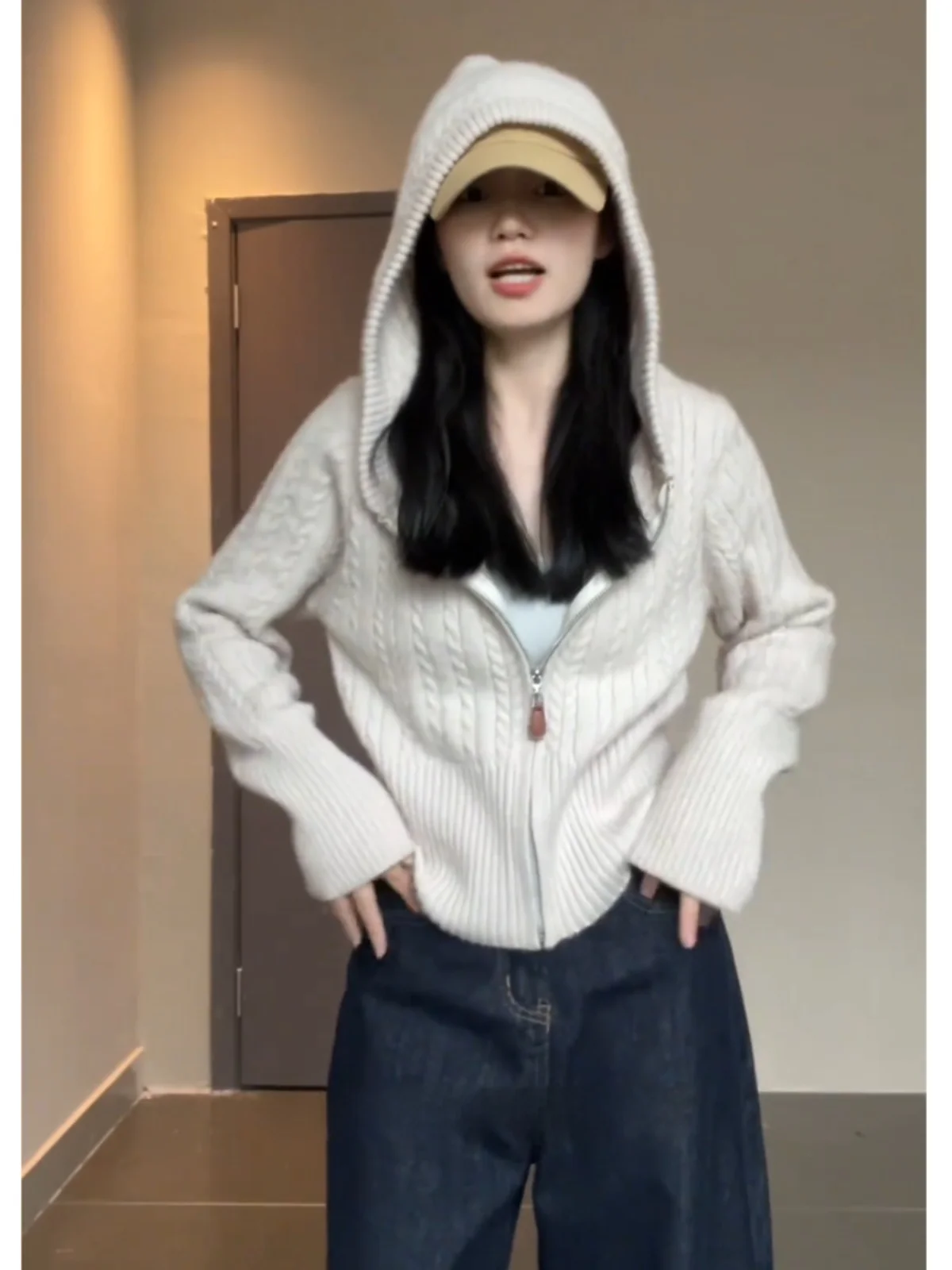 

Korean Sle Lazy Women's Knitted Cardigan ort Waist-Cinching Long Sve Zipper Sweater Jaet Spring Autumn Gentle Wind T...