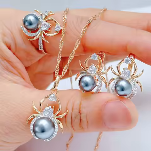 Kinel Hot Gray Pearl Animal jewelry Set for Women Spider Earrings Necklace and Ring 585 Rose Gold Silver Color Mix Retro Jewelry