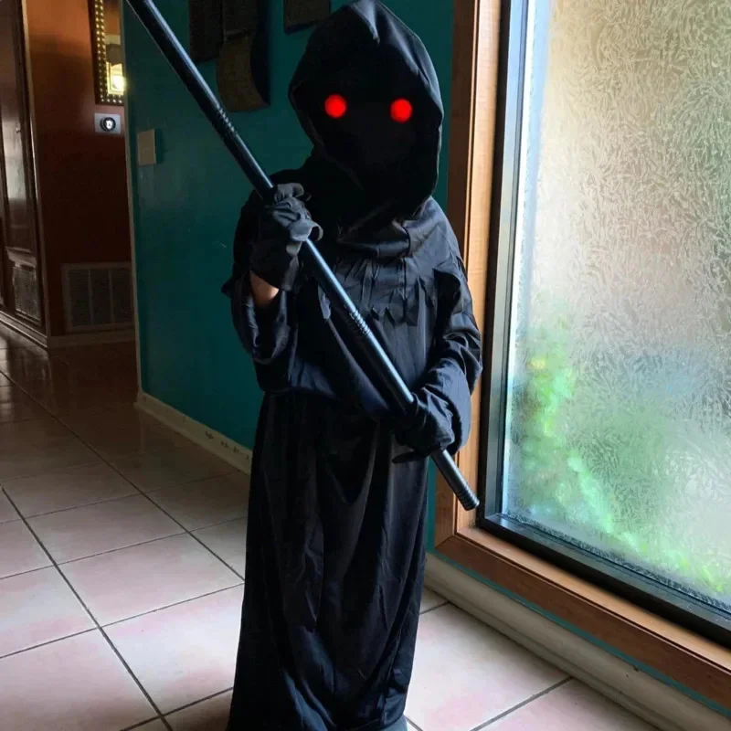 Halloween Cosplay Costume Grim Reaper Scary Skeleton Costume Children Glowing Red Eyes Grim Reaper Ghost Robe Send Scythe Props