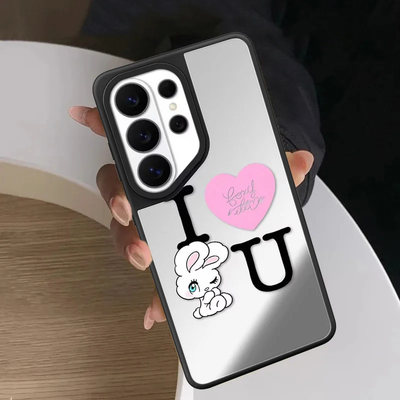 Cartoon I Love Rabbits Mirror Surface Magnetic Phone Cover for Samsung Galaxy S23 S24 S25 S26 Ultra S26+ Plus Case